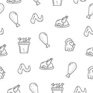 Cute fried chicken vector seamless pattern in doodle style suitable for background 