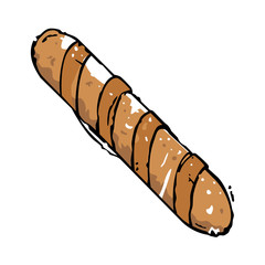Vector French baguette painting with an ink outline. Can represent a kitchen, a restaurant, baking, nutrition, a traditional meal, gluten, wheat, homemade cooking, flour, rustic food and more.