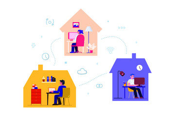 Collection Workspace in House. Workplace Set Freelance in Home with Technology and Decoration Objects Flat Style 