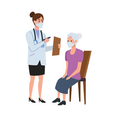 female doctor attending old woman in chair