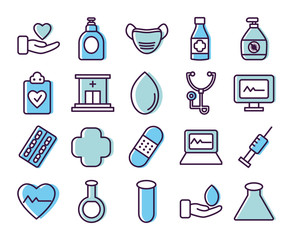 cardio hearts and healthcare icon set, line color style
