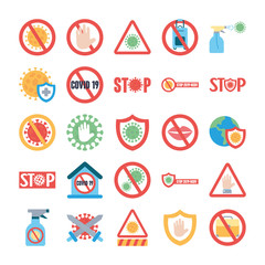 icon set of stop covid19 and shields, flat style