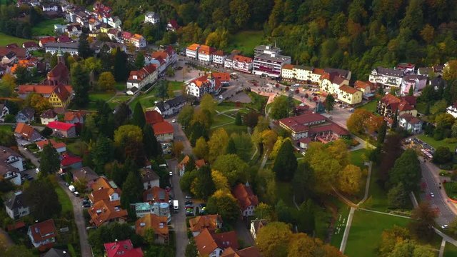 Aerial view of the city Bad Herrenalb in Germany on a sunny day in autumn, fall.