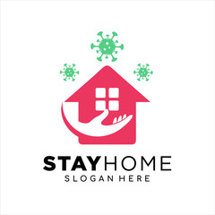 Stay at home. COVID 19 or coronavirus protection campaign logo. Self isolation appeal as sign or symbol. Virus prevention concept. Vector illustration.