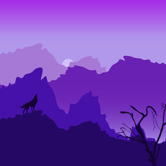 Fototapeta na wymiar dark mountain showing silhouette of a howling wolf
