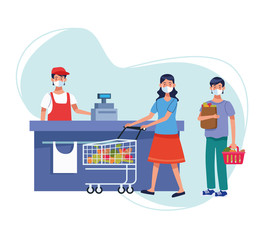 couple shopping in supermarket with face mask