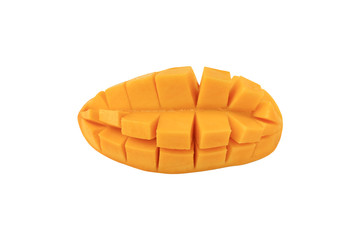 Ripe golden mango sliced with cubes isolated on white background. Yellow Barracuda mango. Tropical fruit in thailand.