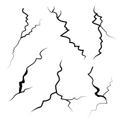 hand drawn cracked glass, wall, ground. lightning storm effect. doodle break set. vector illustration