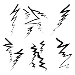 hand drawn cracked glass, wall, ground. lightning storm effect. doodle break set. vector illustration