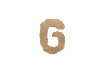 Alphabet letter font isolated over white background. English flat brown torn paper character G