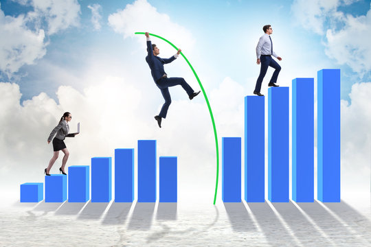 Business people vault jumping over bar charts