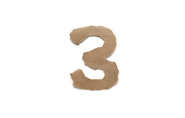 Naklejka premium Arabic number symbol isolated over white background. English flat brown torn paper number 3