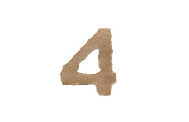 Fototapeta premium Arabic number symbol isolated over white background. English flat brown torn paper number 4