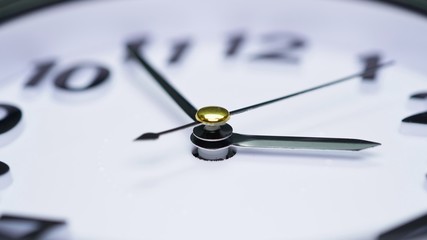 Simple white clock dial close-up. Table clock or business timer. Wide macro lens view to the time...