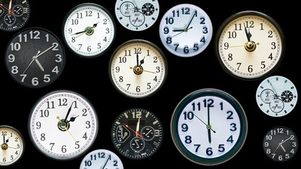 Multiply time clock faces appear showing different  time. Various clocks in busy time flow. Business or New Year Resolution concept. 