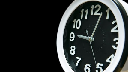 Clock face view with copy space. Wide lens view. Close up of business clock or timer concept. Every minute counts idea. Space for text. 