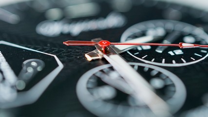 Business clock face with hands and time extreme macro close up, seconds hand. Very close hand watch face with details and texture. Busy or urgent concept.