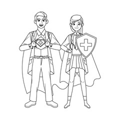 Fototapeta na wymiar super doctors couple with hero cloak and shield vs covid19