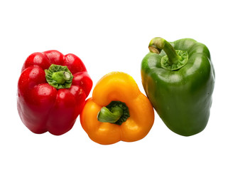 Fresh vegetables Three sweet Red, Yellow, Green Peppers white backdrop with clipping path.