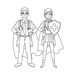 Fototapeta na wymiar super doctors couple with hero cloak and shield vs covid19