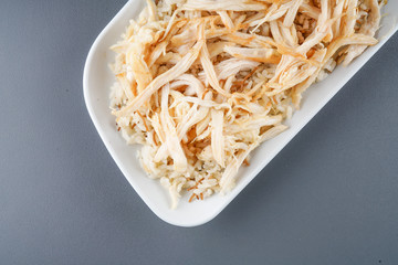 baked and shredded chicken meat on rice ...