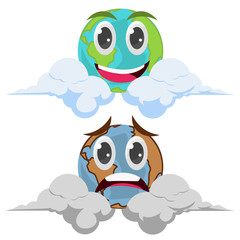 Two planet mascots of Earth with isolated eyes on a white background. Vector illustration of stock. The world smiles happily and cleanly, and the world is polluted and sad, ecological posters, banners