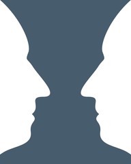 A vase or two face profile view. Optical illusion. Human head make silhouette of goblet. Gradient paint horizontal lines