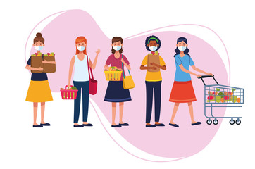 people shopping in supermarket with face mask