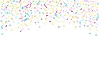 Memphis style geometric confetti vector background with triangle, circle, square shapes, chevron and wavy line ribbons.