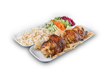 chicken meat, pilaf and salad isolated background