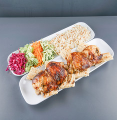 chicken, pilaf and salad