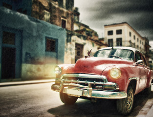 old american red car parked on the street of habana in the rain