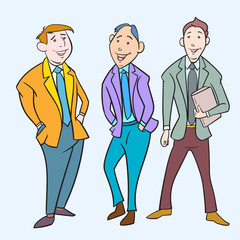 Image of happy smiling men, A variety of poses for business people. hand drawn style vector design illustrations.