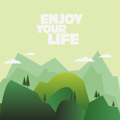 Naklejka premium Beautiful mountain landscape with pine forest. Nature, camping, travel, vacation and holiday vector concept