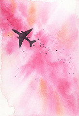 Watercolor illustration of airplane flying in pink sky 