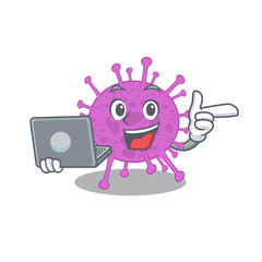 Cartoon character of avian coronavirus clever student studying with a laptop