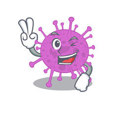 Happy avian coronavirus cartoon design concept with two fingers