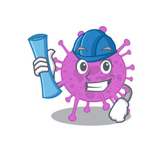 Cartoon character of avian coronavirus brainy Architect with blue prints and blue helmet