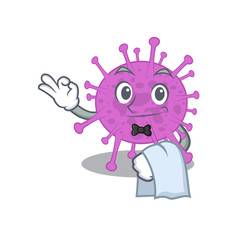 A cartoon character of avian coronavirus waiter working in the restaurant
