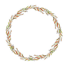 drawn wreath of twigs with yellow-green narrow leaves