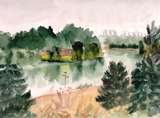 watercolor graphic drawing of pine trees in a city park by the river