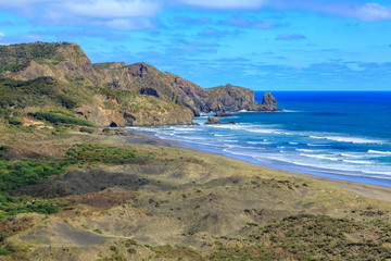 Fototapeta na wymiar Coastline at Bethells Beach in the western Auckland Region, New Zealand. Heavy surf rolls onto a long strip of sand