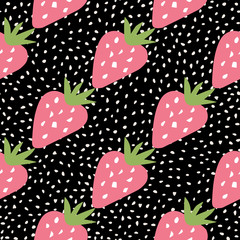 Doodle strawberry seamless pattern on black background. Strawberries wallpaper.