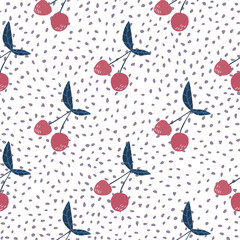 Cute cherries wallpaper on dots background. Cherry seamless pattern for fabric design.