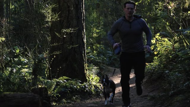 Fit Man Jogging Forest Trail with Boston Terrier Dog on Leash
