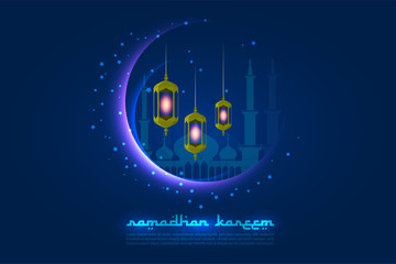 Ramadan Kareem. Glowing moon, a Mosque, an Arabic lantern and stars in the dark blue sky. Greeting card design, an invitation for Muslim's holy month,