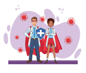 super doctors interracial couple with hero cloak vs covid19