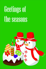 Whimsical holiday illustration featuring two snowmen in red hats and scarves, standing next to a festive cake with a lit candle and gifts, on a bright green background.