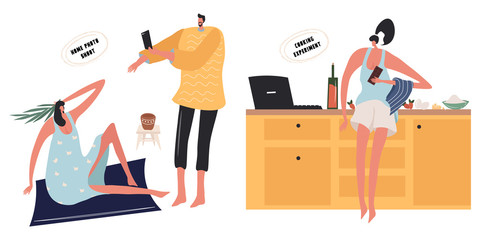 Nice set of flat vector illustrations with people who are at home. Illustrations about a home photo shoot and cooking experiments.