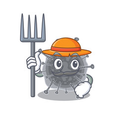 Cartoon character design of articulavirales as a Farmer with hat and pitchfork